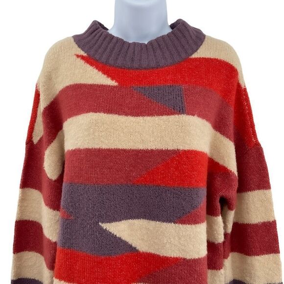 Abstract Retro Striped Oversized Wool Long Sleeve Sweater Top Large - Picture 4 of 7